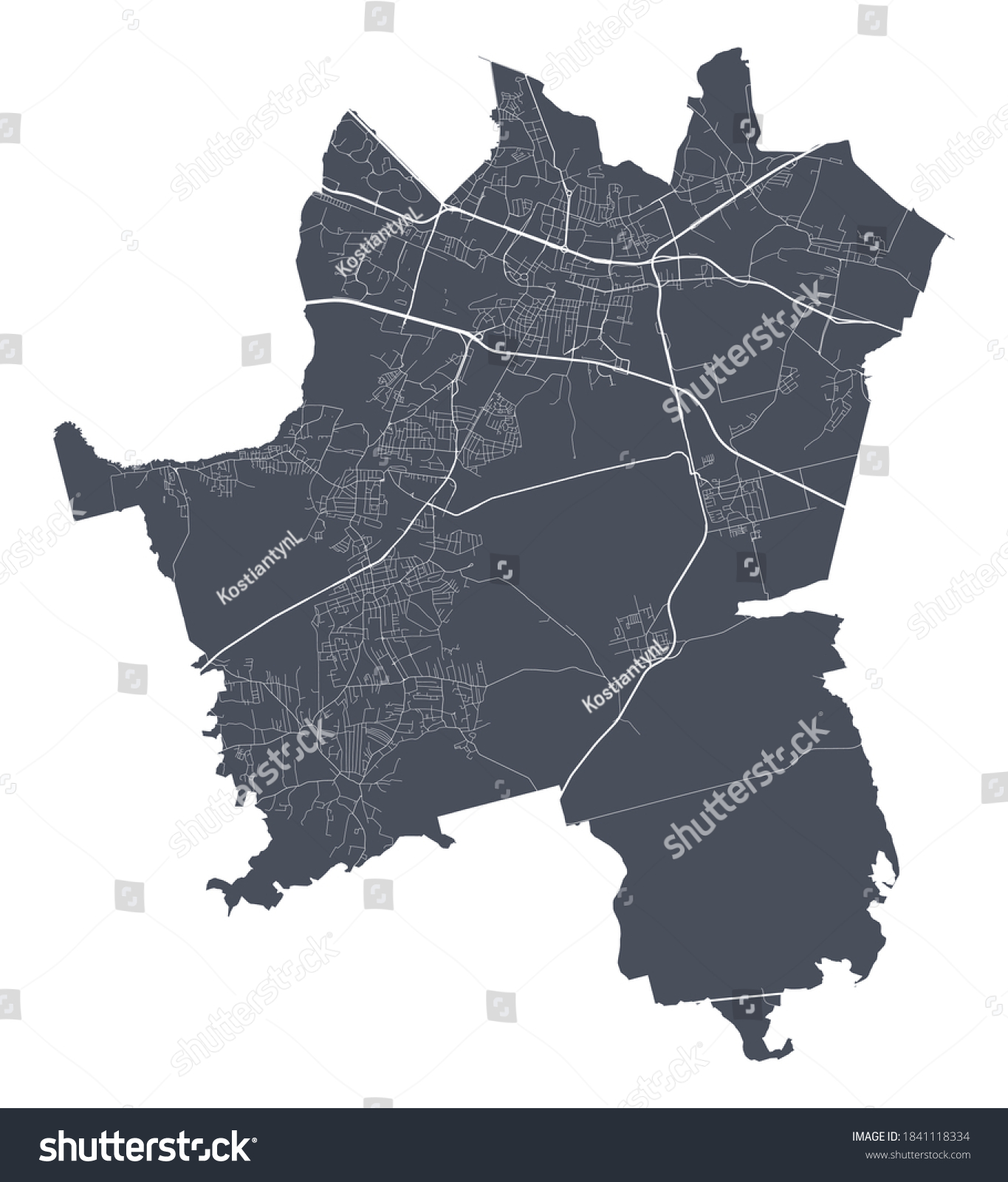 Katowice map. Detailed vector map of Katowice city administrative area. Cityscape poster metropolitan aria view. Dark land with white streets, roads and avenues. White background. #1841118334