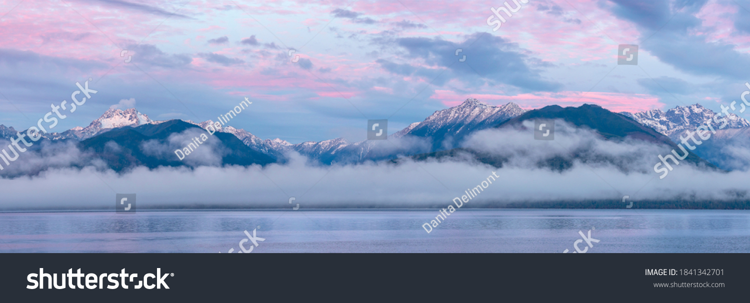 USA, Washington State, Seabeck. Composite of Hood Canal and Olympic Mountains at sunrise. #1841342701