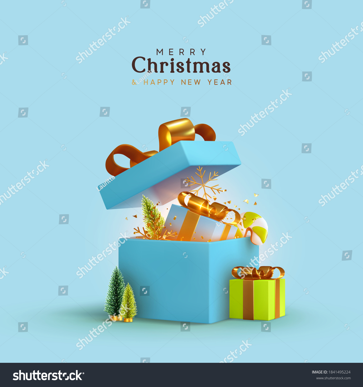 New Year and Christmas design. Realistic blue gifts boxes. Open gift box full of decorative festive object. Holiday banner, web poster, flyer, stylish brochure, greeting card, cover. Xmas background #1841495224
