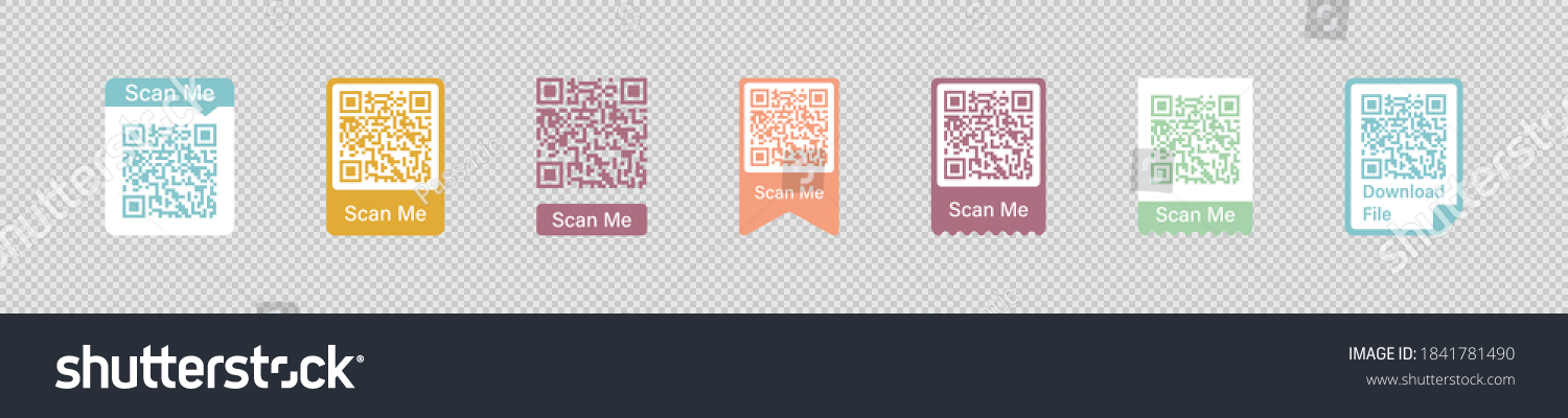 Qr code frame vector set. Scan me phone tag. Qr code mock up, mockup. Barcode smartphone id icon. Cellphone qrcode banner. Mobile payment and identity on white background. #1841781490
