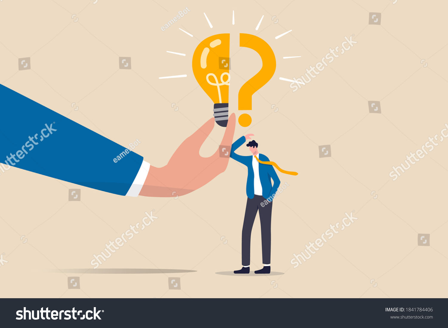 Business problem, idea, decision making and solution, job and career path concept, confusing businessman stand with question mark sign then helping hand put half of lightbulb lamp for bright solution. #1841784406