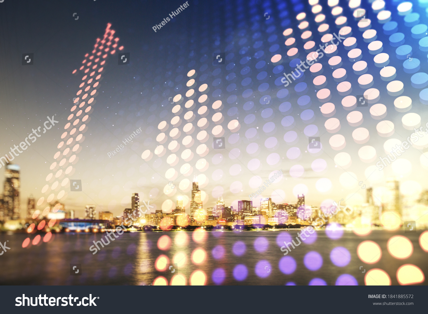 Double exposure of abstract virtual upward arrows hologram on Chicago city skyscrapers background. Ambition and challenge concept #1841885572