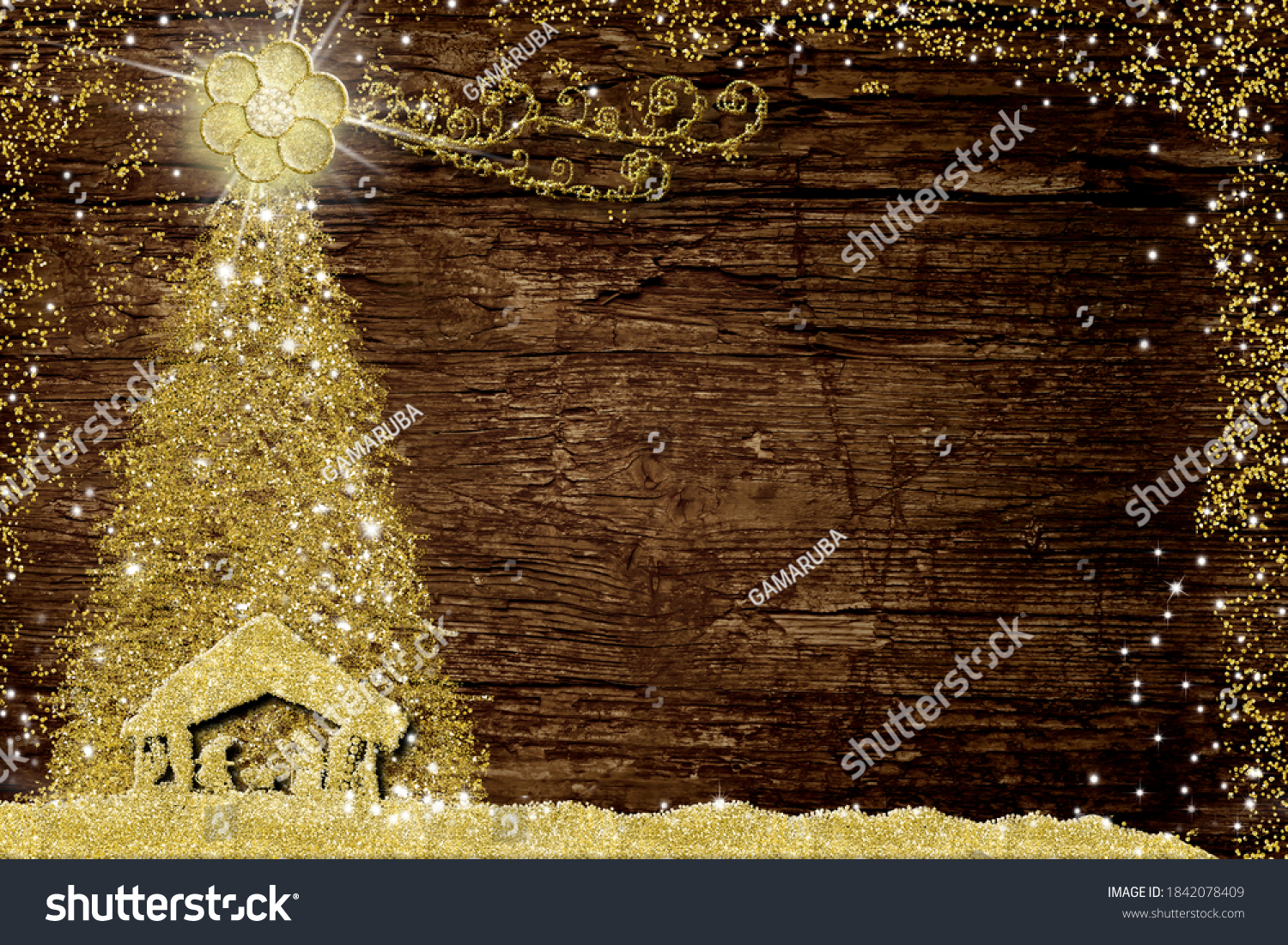 Christmas Nativity Scene and tree, religious greetings cards. Abstract freehand drawing of Nativity Scene and  Christmas tree with gold glitter on old wooden table with copy space. #1842078409