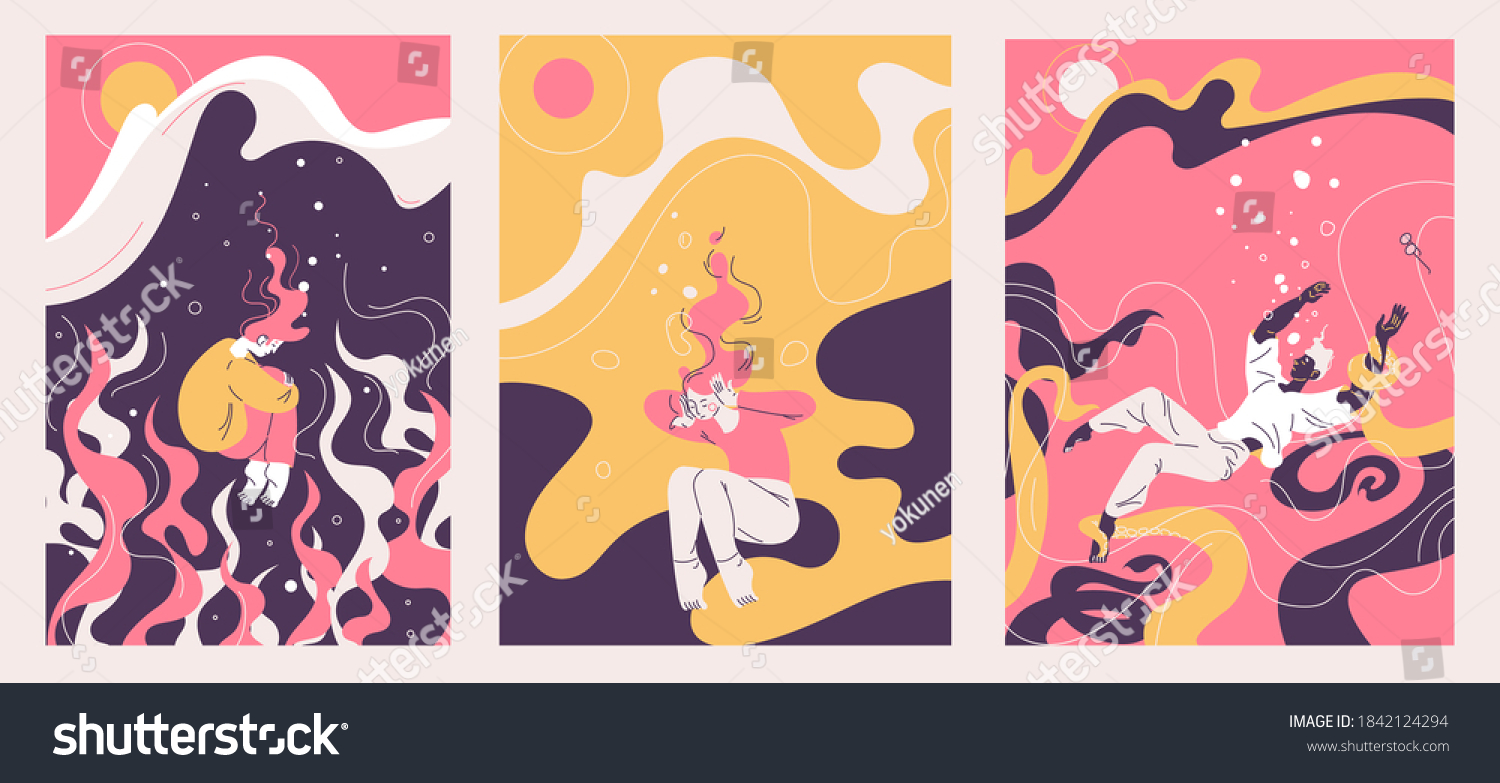 Concept illustrations about depression and mental problems. Vector outline collection with people drown in the sea of sadness. Pink, yellow and purple colors #1842124294