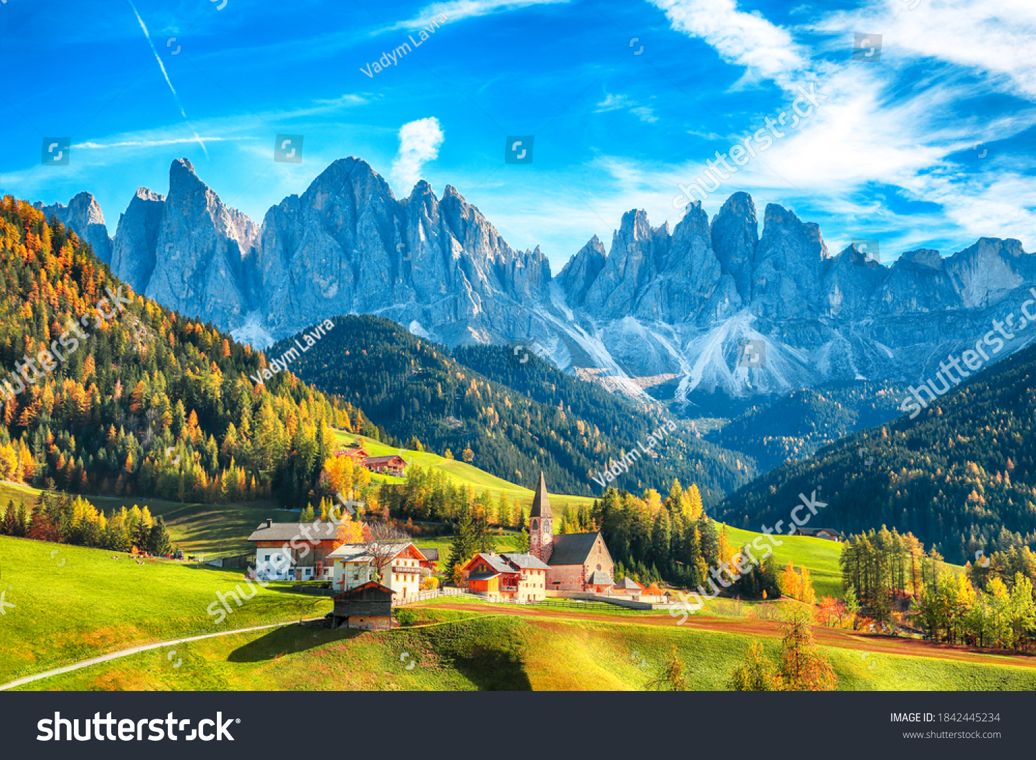 Marvelous autumn scene of magnificent  Santa Maddalena village in Dolomites.  Location: Santa Maddalena village, Val di Funes, Trentino-Alto Adige, Dolomites, Italy, Europe #1842445234