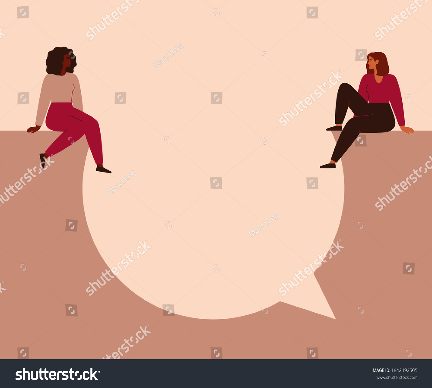 Women say concept. Young strong girls sit on a big speech bubble and look at each other. Female empowerment movement vector illustration #1842492505