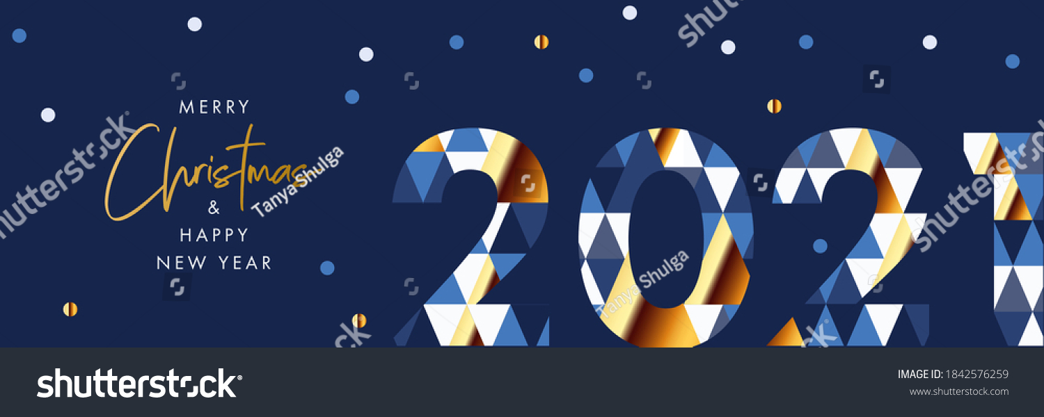 Merry Christmas and Happy New Year banner, greeting card, poster, holiday cover, header. Modern Xmas design in geometric style with number 2021 with triangle pattern and snow on blue night background #1842576259