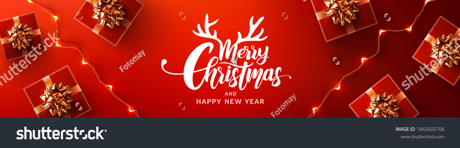 Merry Christmas & Happy New Year Promotion Poster or banner with red gift box and LED String lights for Retail,Shopping or Christmas Promotion in red and black style. #1842603706