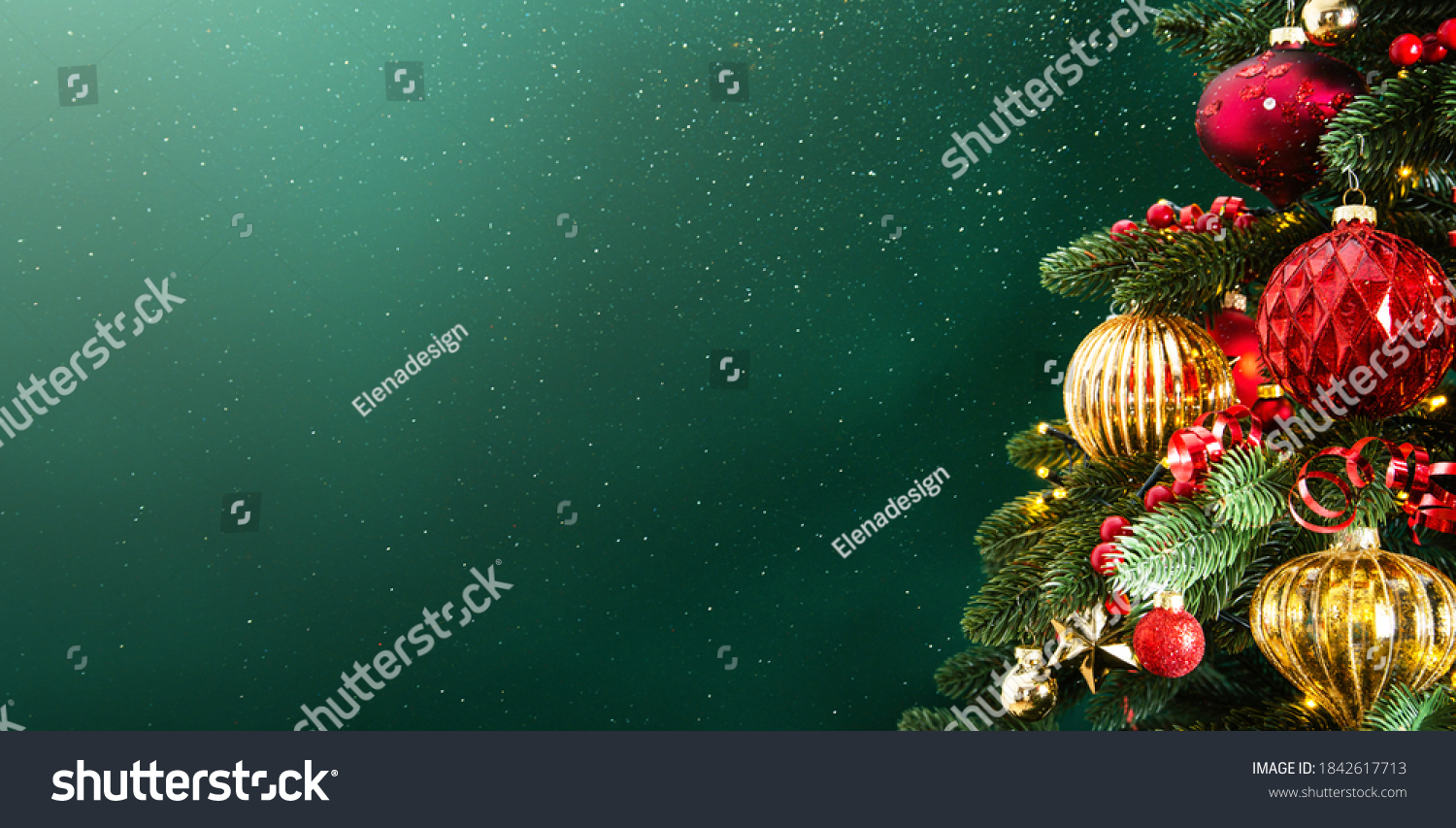 Decorated with ornaments and lights Christmas tree on dark green background. Merry Christmas and Happy Holidays greeting card, frame, banner. New Year. Noel. Winter holiday theme.  #1842617713