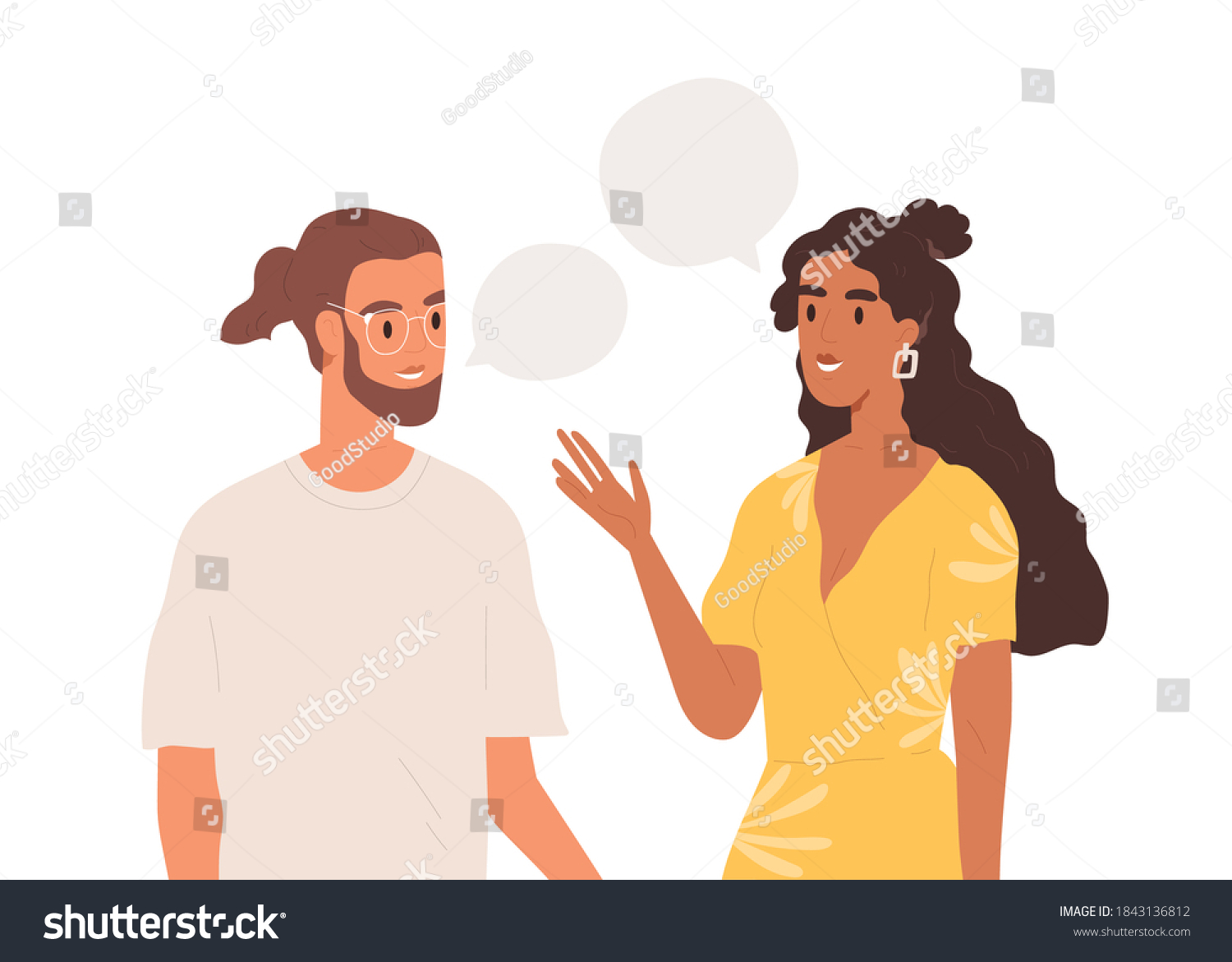 Young couple talking together. People communicating. Positive communication of multinational friends. People conversation with speech bubbles. Flat vector cartoon illustration isolated on white #1843136812