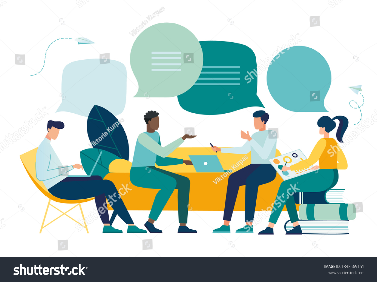 Vector illustration, workers are sitting at the negotiating table, vector collective thinking and brainstorming, company information analytics #1843569151