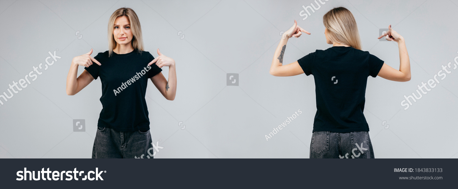 Black t-shirt on a young woman, front and back #1843833133