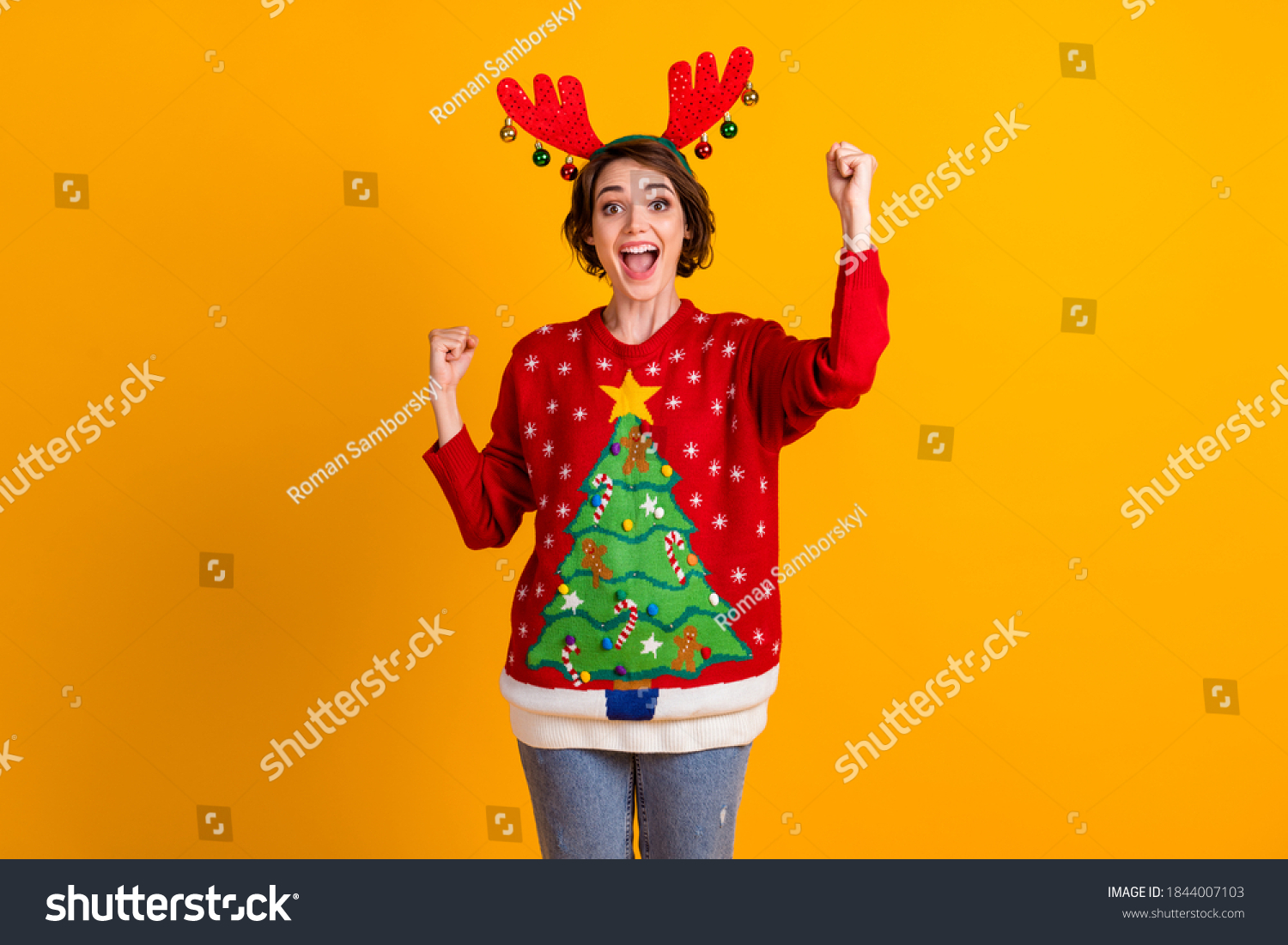 Photo of excited girl in christmas tree sweater pullover deer headband balls raise fists x-mas time noel lottery sale win isolated over bright shine color background #1844007103
