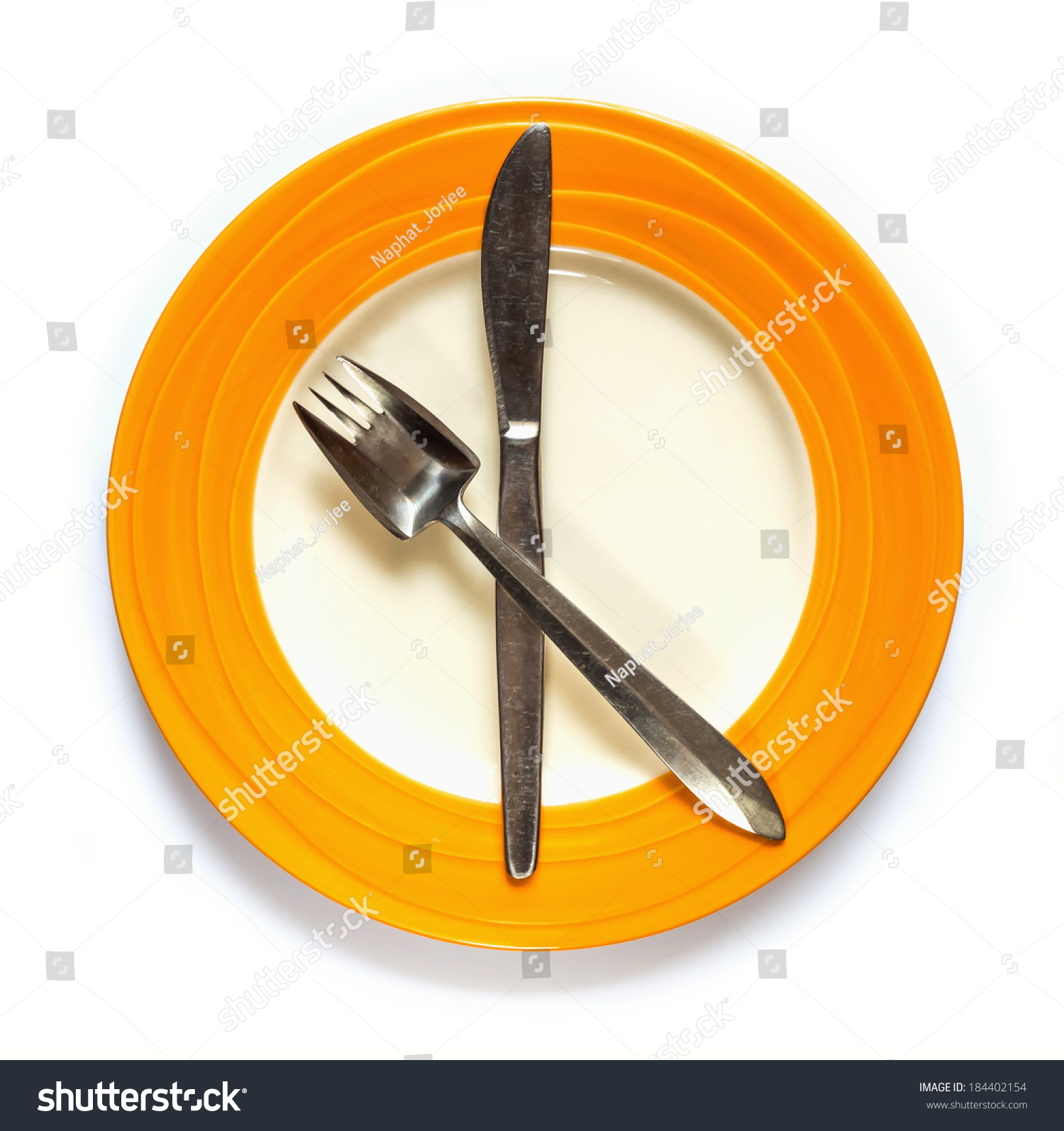 Empty Plate with fork and knife on white background #184402154