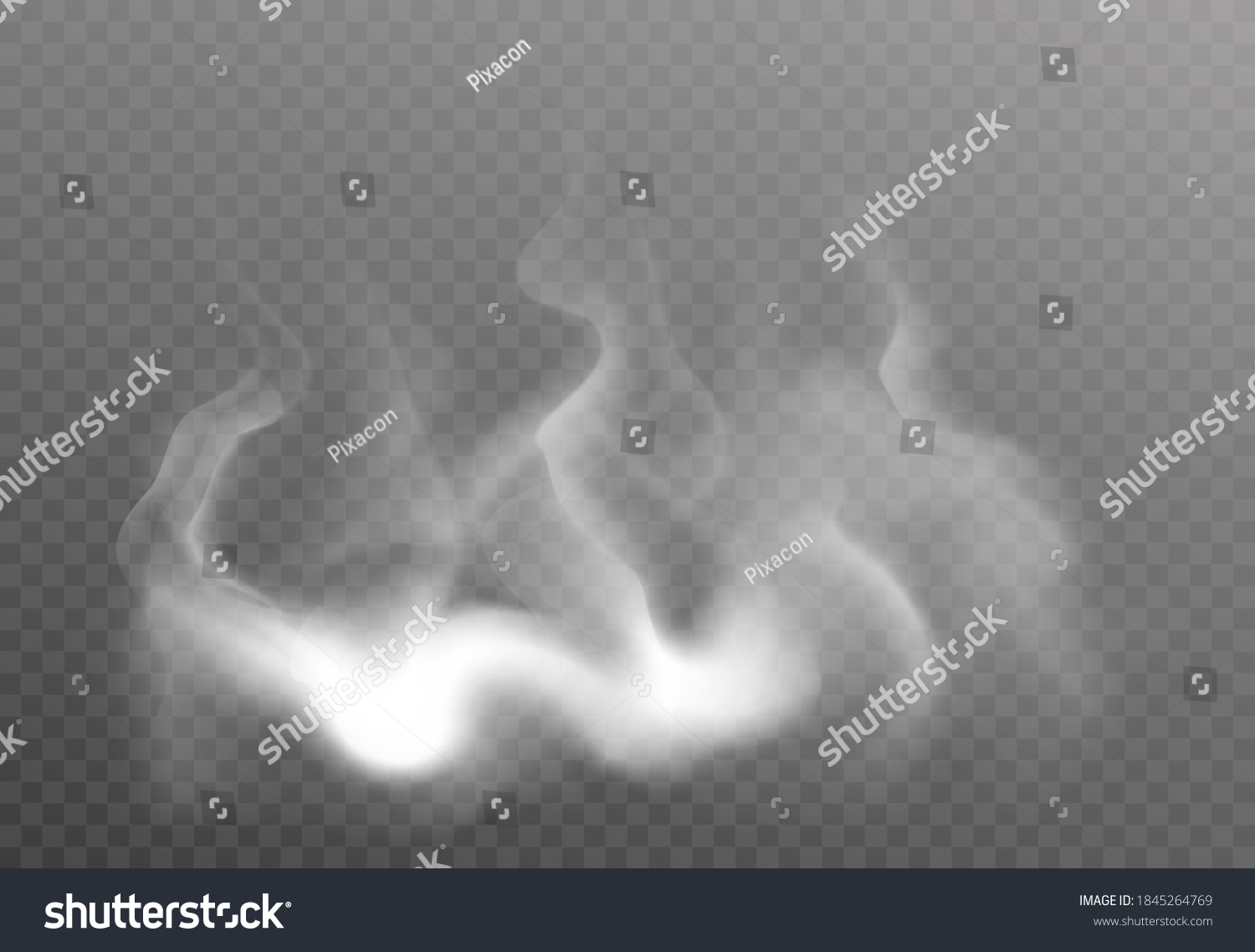 Transparent special effect of hot steam or smoke. Vector gas, fog isolated on dark background. Realistic wavy vector illustration elements. #1845264769