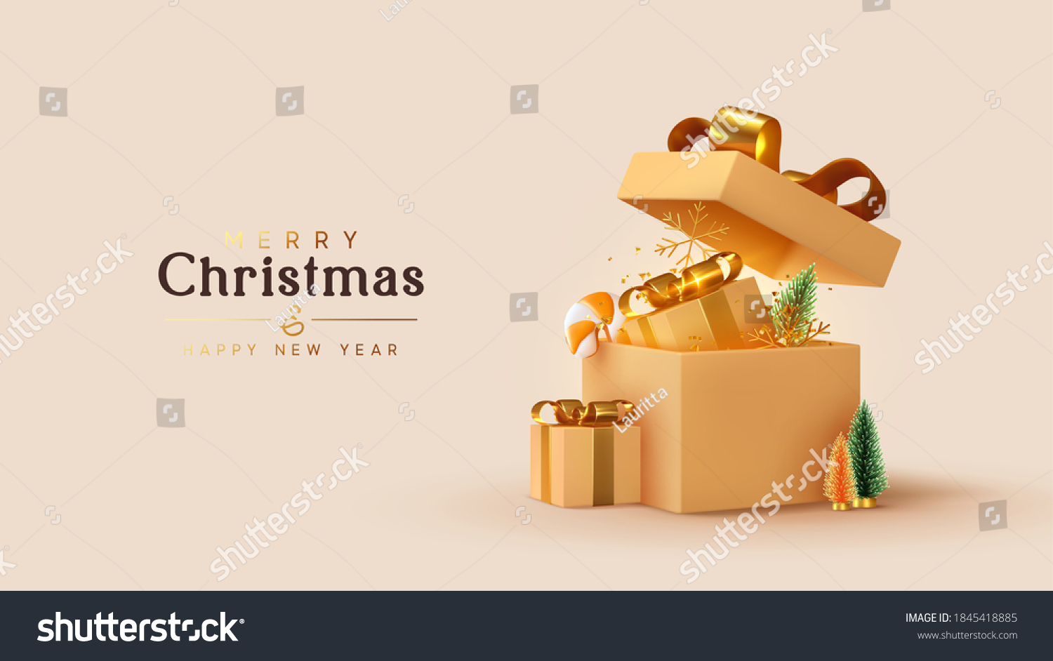 Realistic beige gifts boxes. Open gift box full of decorative festive object. New Year and Christmas design. Holiday banner, web poster, flyer, stylish brochure, greeting card, cover. Xmas background #1845418885
