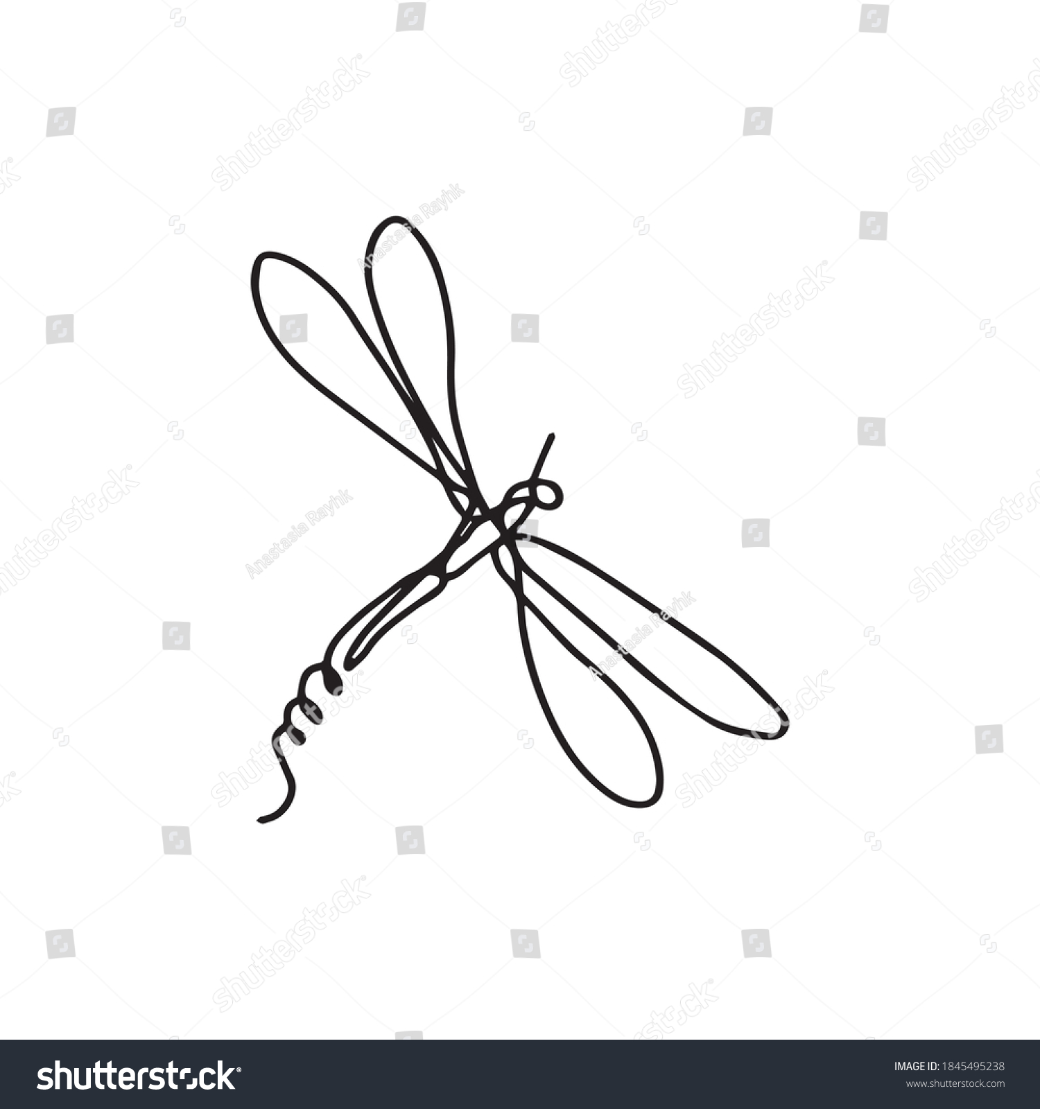 Isolated elements on a white background. Stylized dragonfly. Vector. Drawing in one line. Black and white image. Dragonfly. Insect. Suitable for posters, stickers and postcards. #1845495238