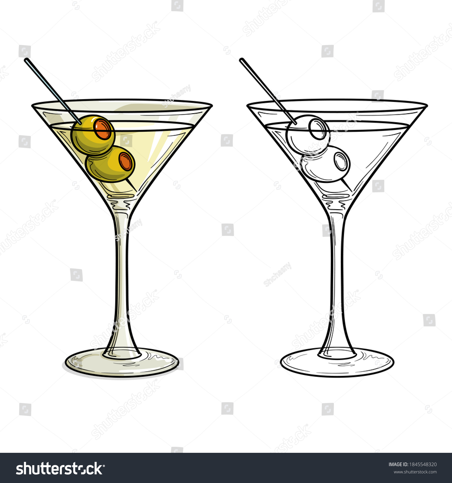 Martini with olive in glass, isolated, in color. Vector illustration. #1845548320