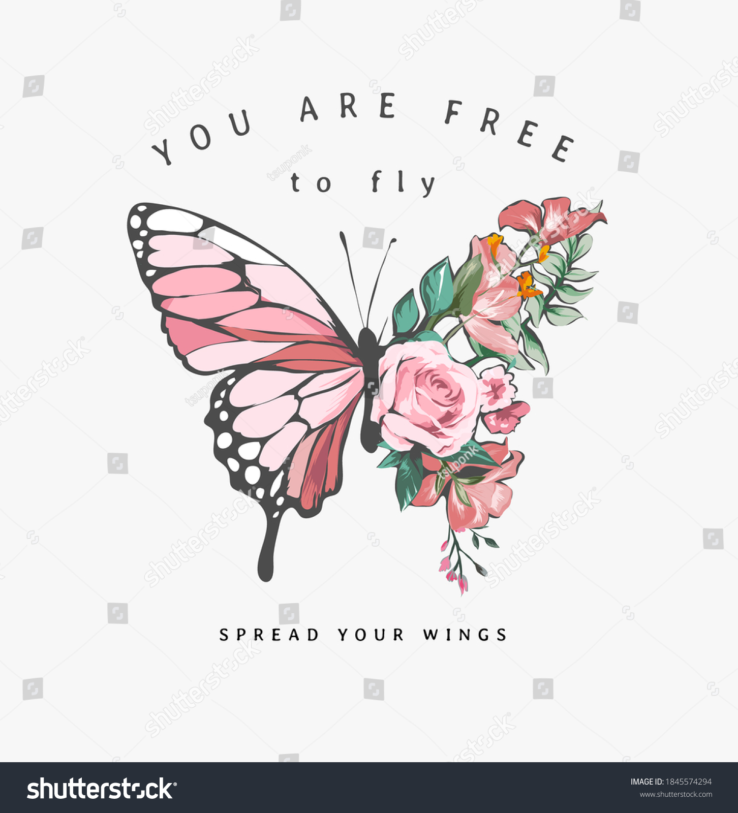 free to fly slogan with colorful flowers in butterfly half shape illustration #1845574294