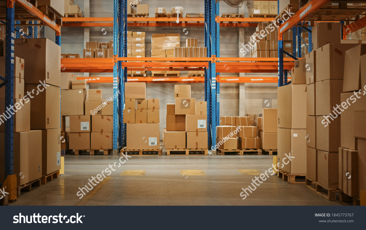 Gigantic Sunny Retail Warehouse full of Shelves with Goods in Cardboard Boxes. Logistics and Distribution Storehouse Center for further Product Delivery Packages. Front Camera View #1845773767