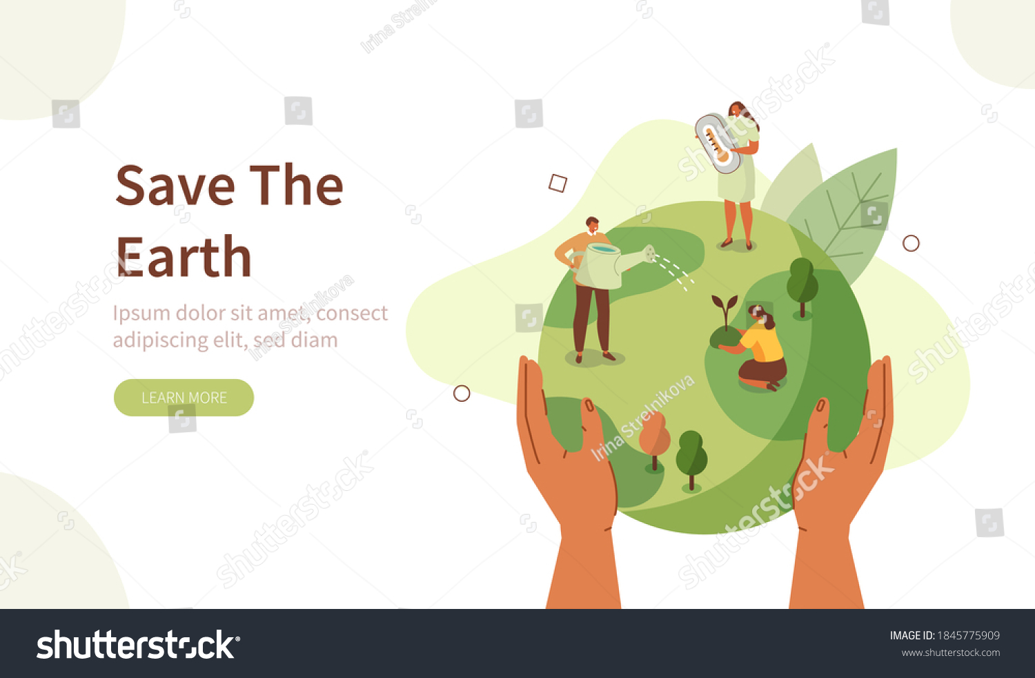 People Characters trying to Save Planet Earth. Woman and Man Planting and Watering Trees, Measuring Planet Temperature. Global Warming and Climate Change Concept. Flat Cartoon Vector Illustration. #1845775909