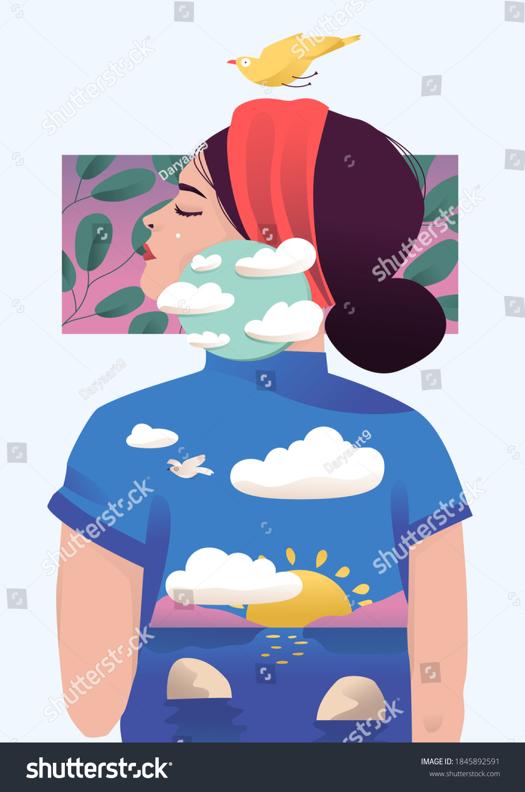 Hand-drawn illustration of woman with clouds. - Royalty Free Stock ...