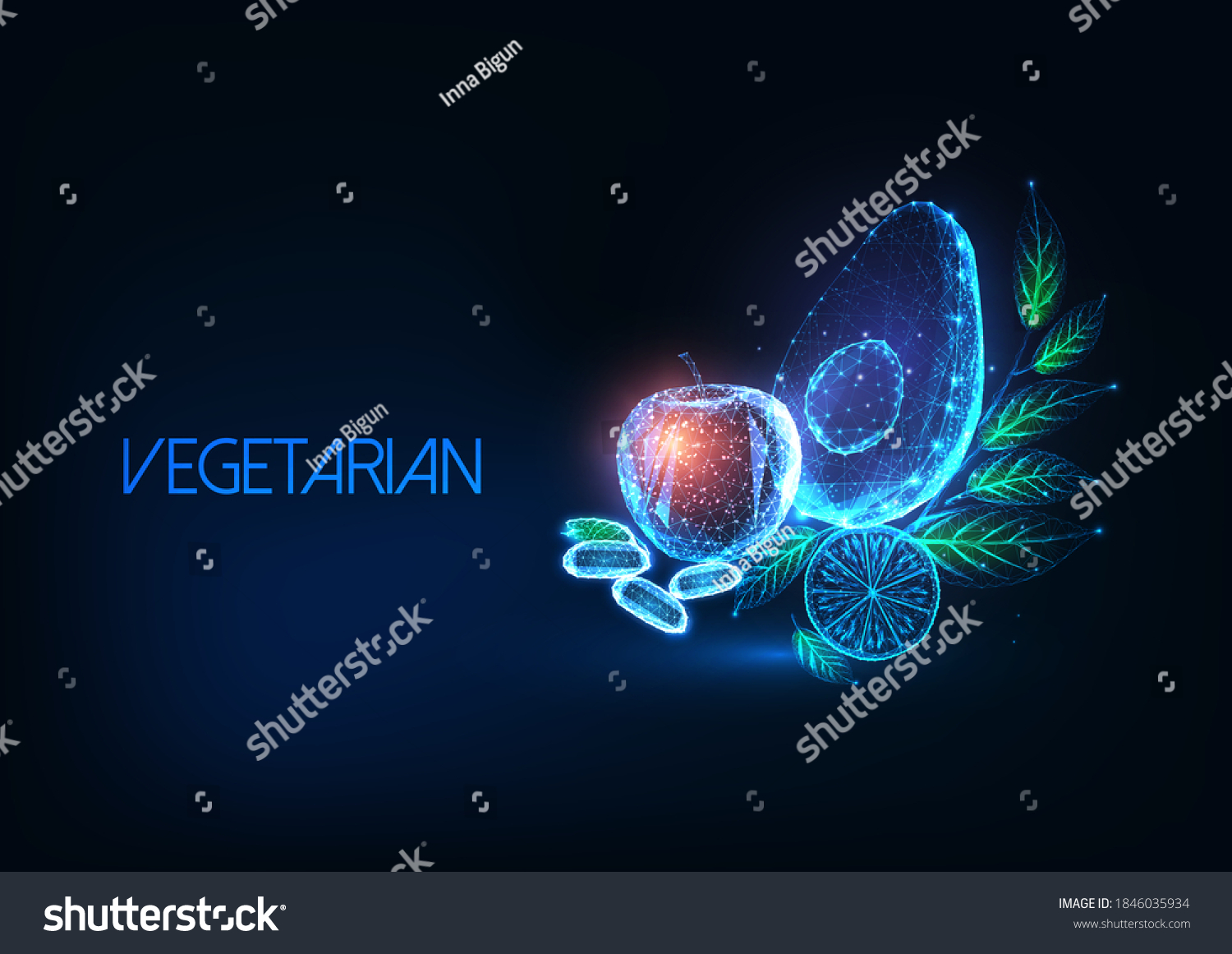 Futuristic vegetarian or vegan diet concept with glowing low polygonal avocado, apple, lemon, beans and greens on dark blue background. Modern wireframe mesh design vector illustration. #1846035934