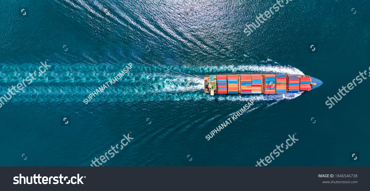 webinar banner, Aerial top view of cargo maritime ship with contrail in the ocean ship carrying container and running for export  concept technology freight shipping by ship smart service #1846546738