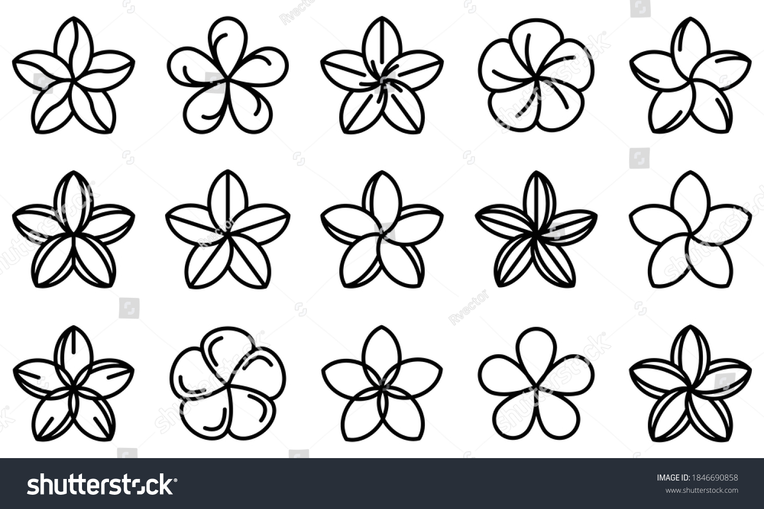 Plumeria icons set. Outline set of plumeria vector icons for web design isolated on white background #1846690858