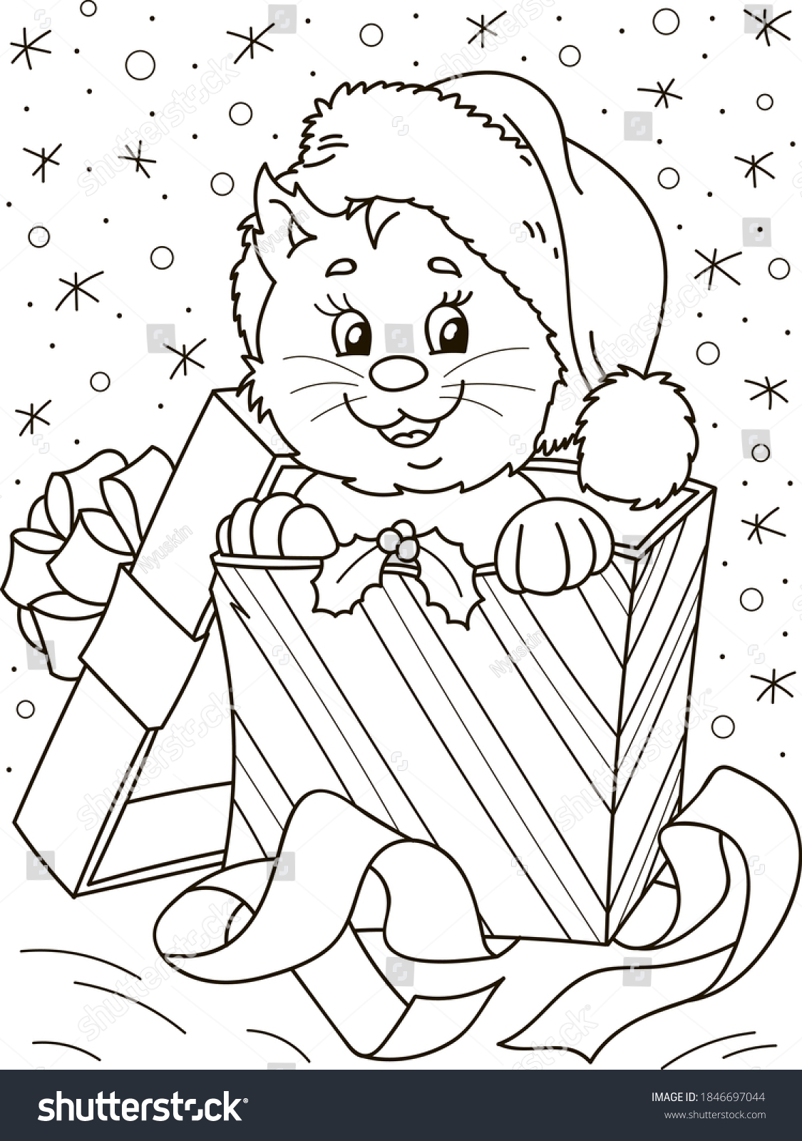 Coloring page outline of cartoon smiling cute cat with Christmas gift. Colorful vector illustration, winters coloring book for kids. #1846697044