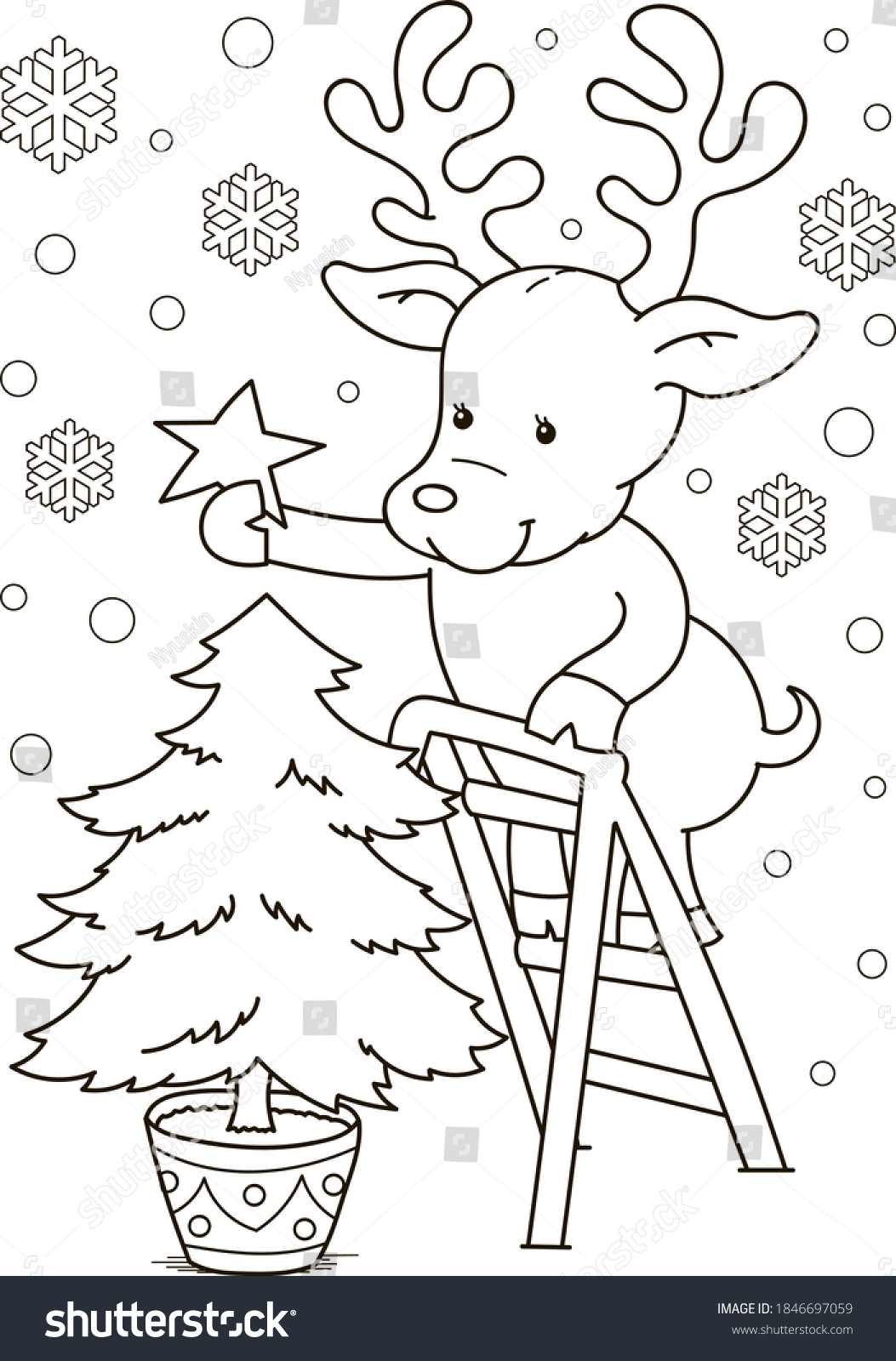 Coloring page outline of cartoon smiling cute deer with Christmas three. Colorful vector illustration, winters coloring book for kids. #1846697059