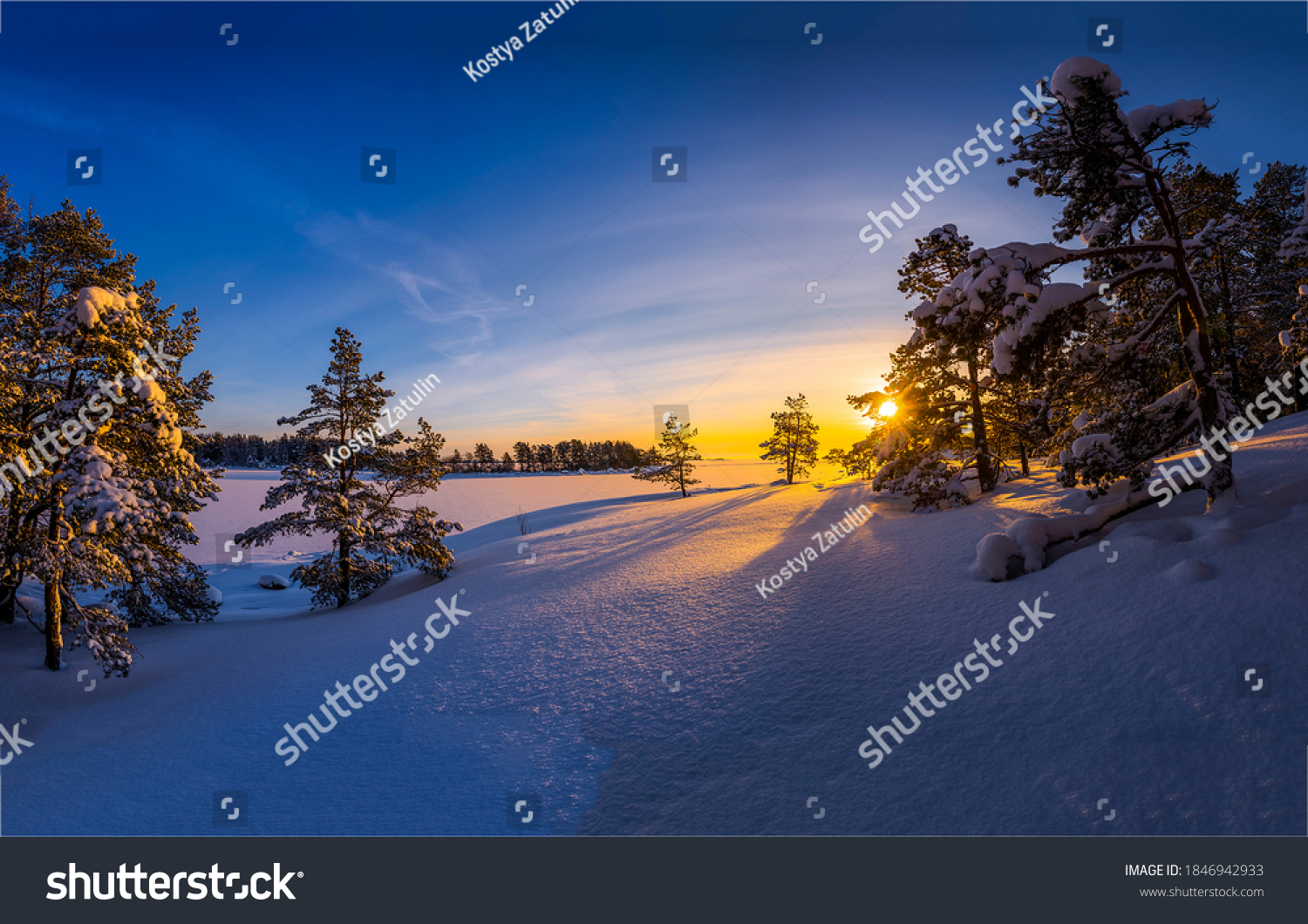 Winter sunrise in nature snow landscape. Sunrise in winter snow forrest #1846942933
