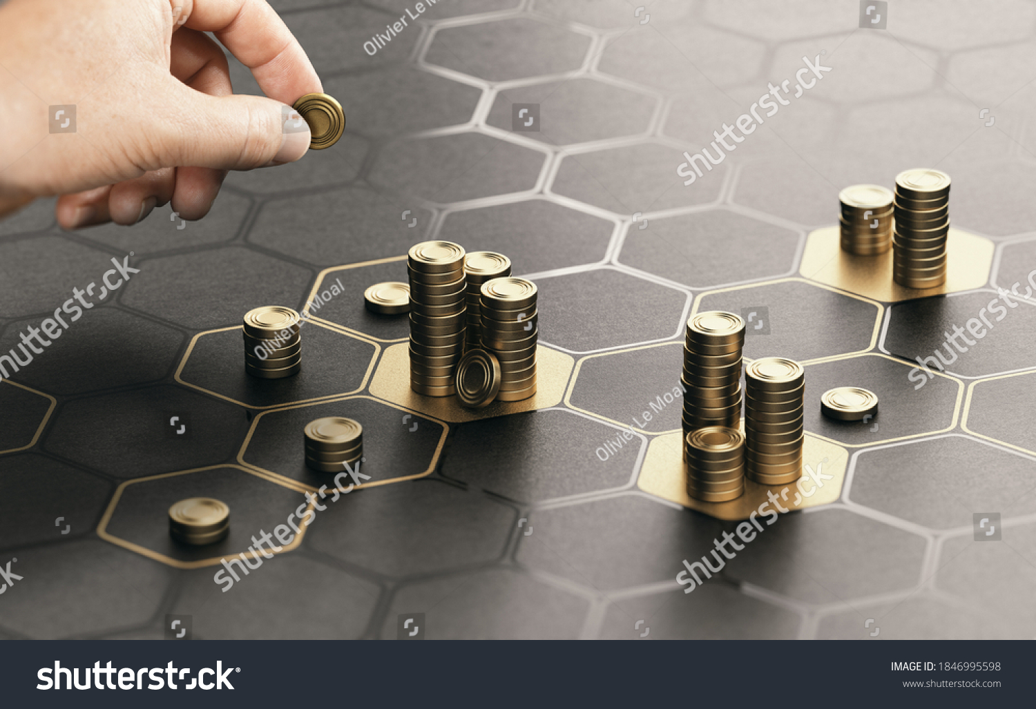 Human hand stacking coins over a black background with hexagonal golden shapes. Concept of investment management and portfolio diversification. Composite image between a hand photography and a 3D back #1846995598