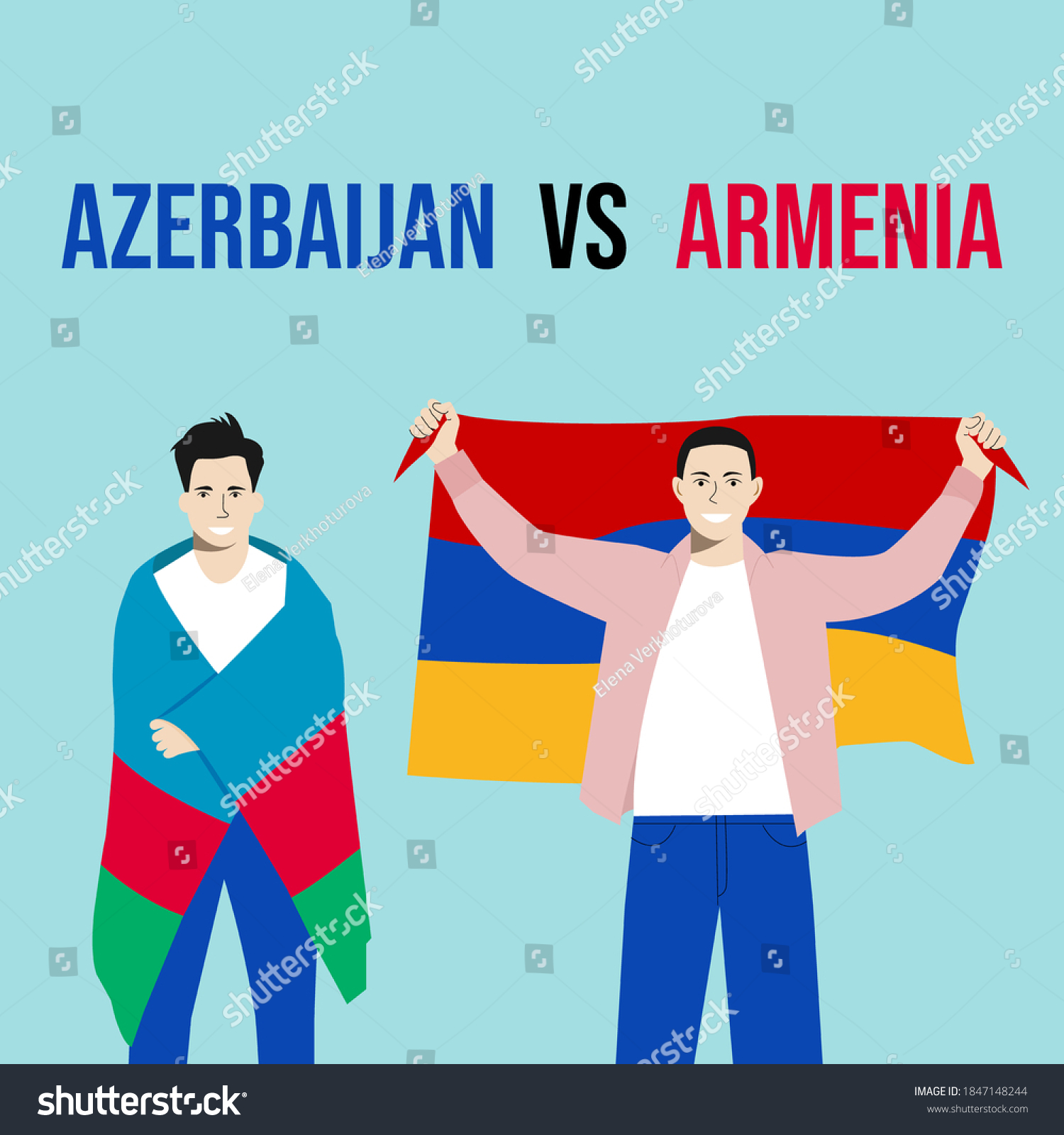 Armenia vs azerbaijan war background. International clash symbol armenia vs azerbaijan. Couple mans with flags of Armenia and Azerbaijan is a symbol of friendship, partnership, stop war #1847148244