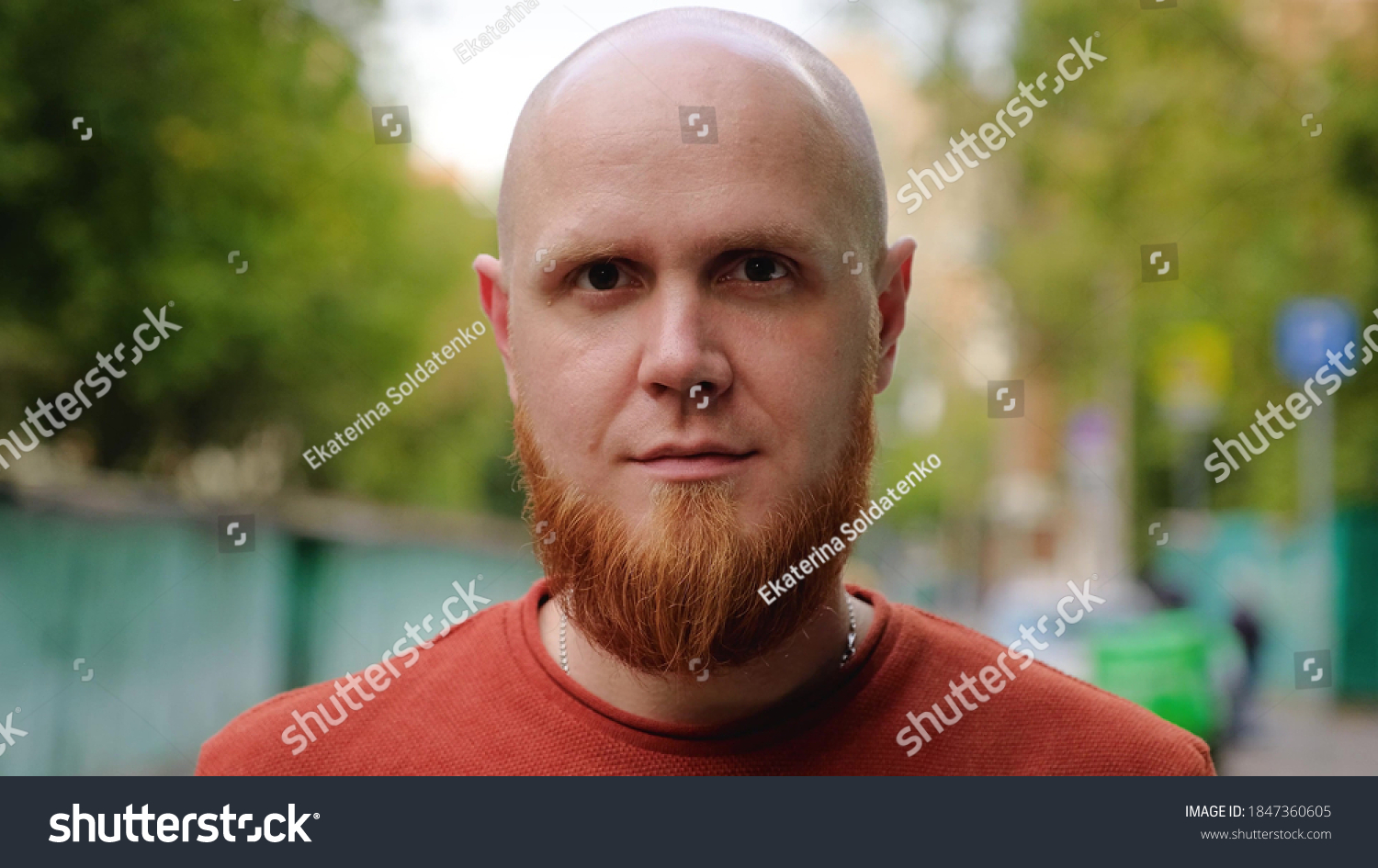Close-up of the face of a young brutal guy with a bald head and a red beard with a serious face looking at the camera. Calm emotion. Summer evening. #1847360605