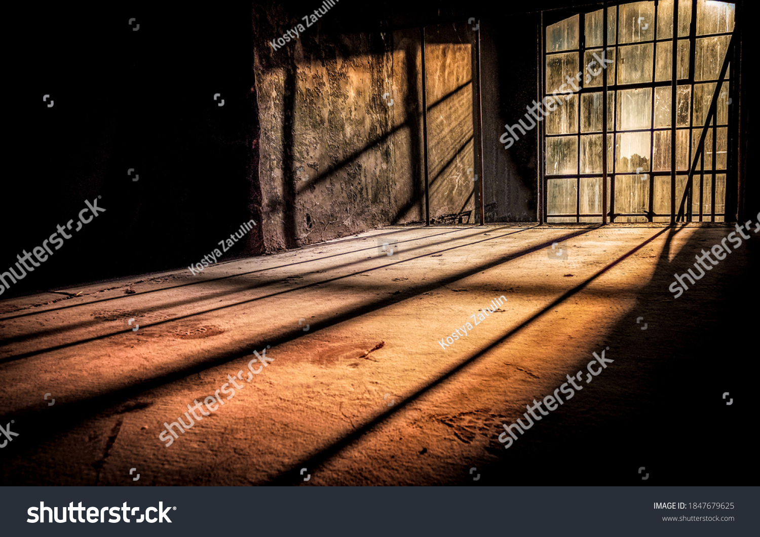 Dark room window of old bedroom in abandoned house interior sunlight #1847679625