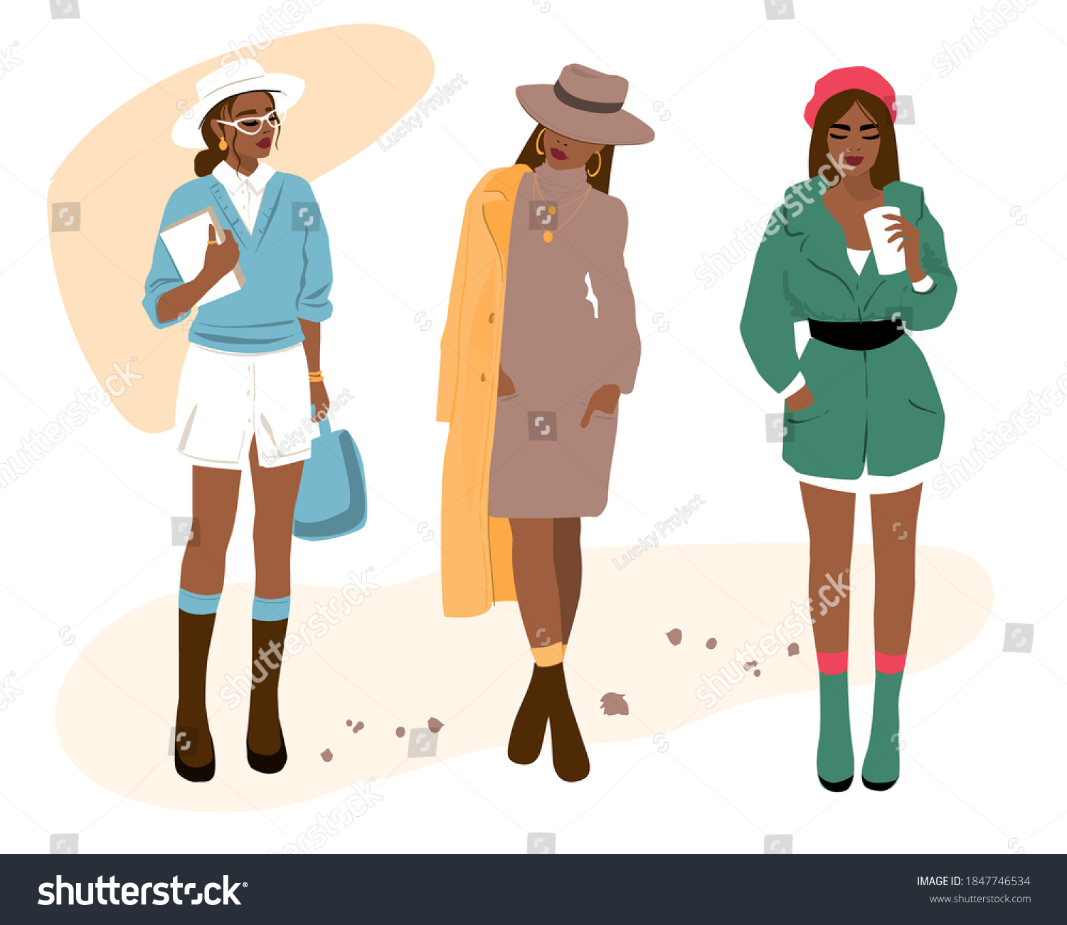 Set of fashion girls on a white background. Vector flat style illustration. Avatar icon #1847746534