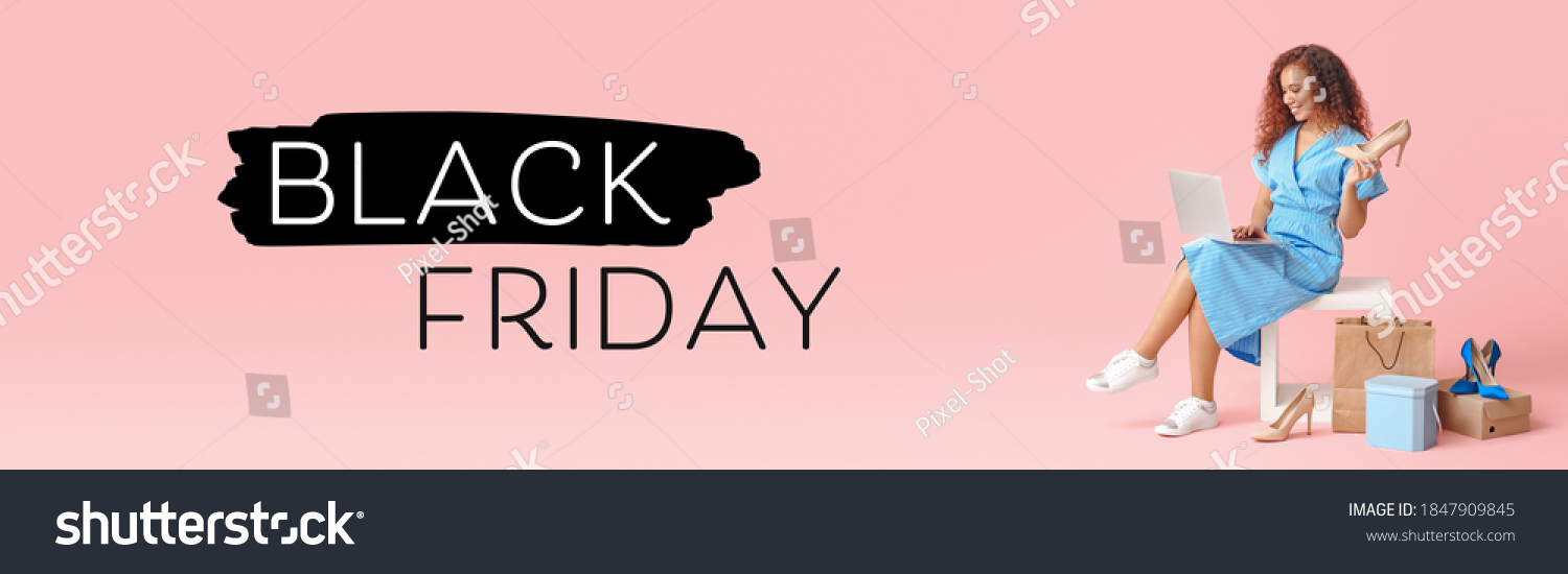 Young woman with laptop and new shoes on color background. Black Friday sale #1847909845