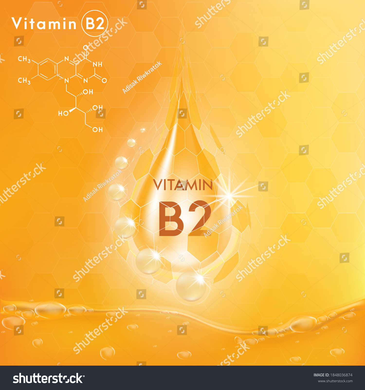 Drop vitamin B2 complex poly sphere bubble. Health supplement female face anti-aging beauty cosmetics banner template. 3D vector EPS10 illustration #1848036874