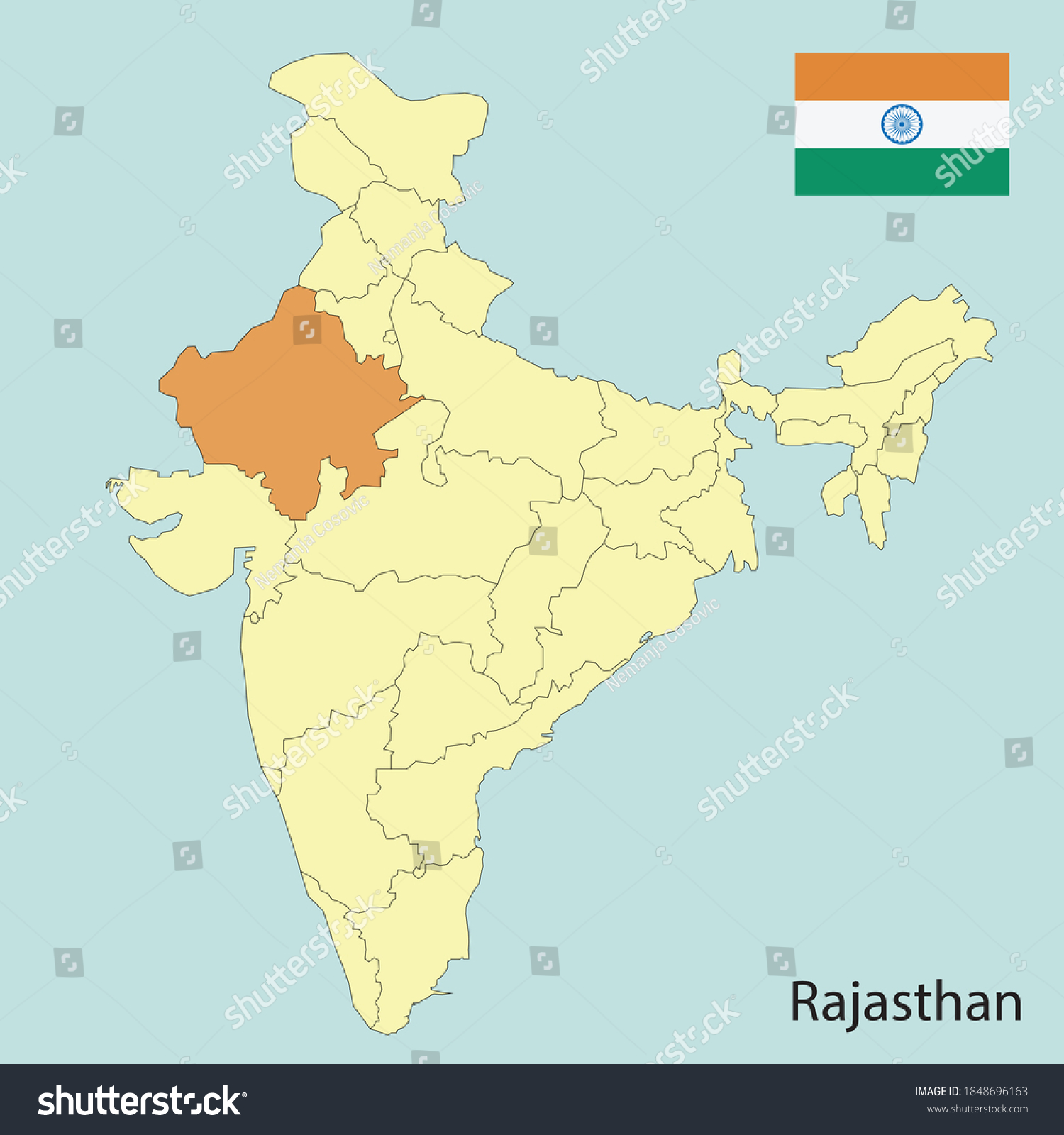 Rajasthan, map of India with state borders - Royalty Free Stock Vector ...