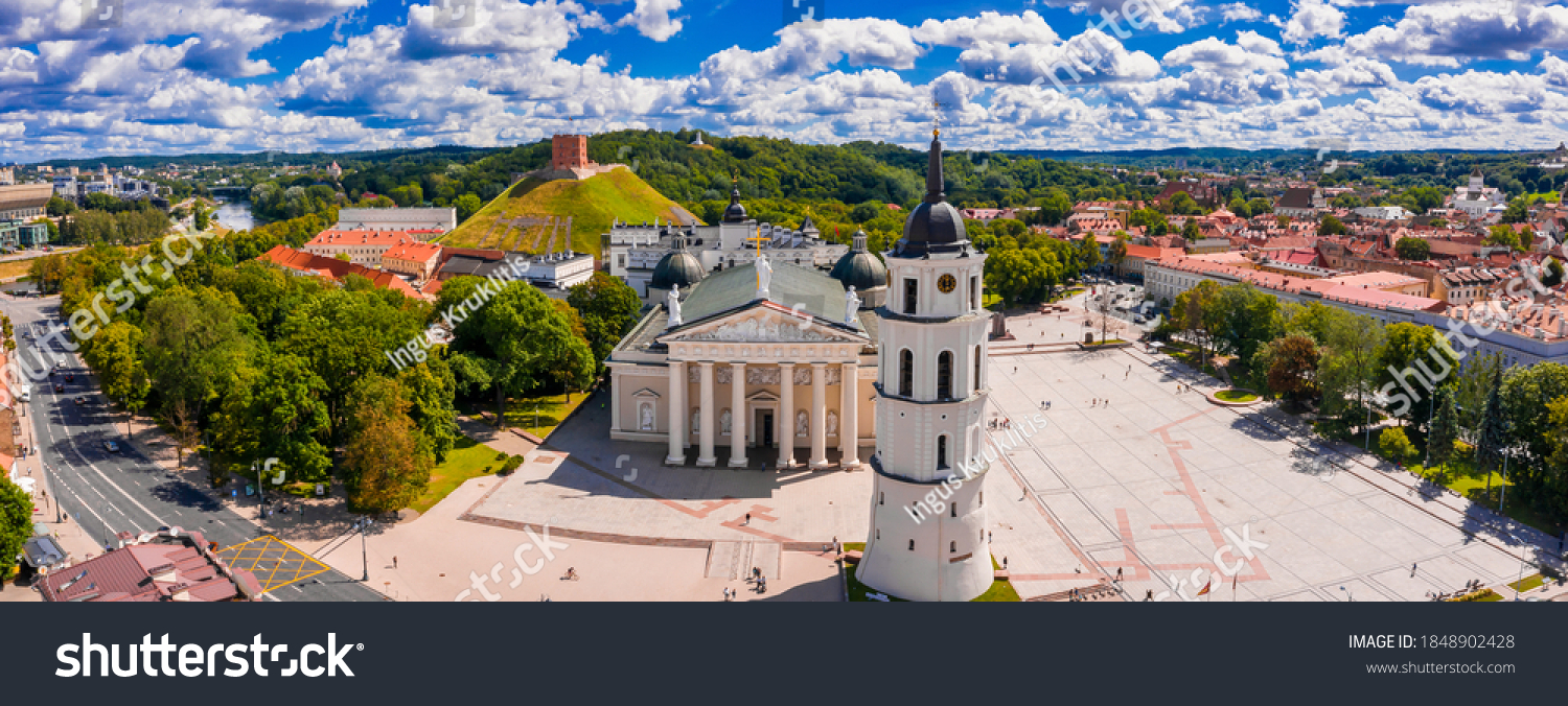 Aerial panoramic view of The Cathedral Square, main square of Vilnius Old Town, a key location in city`s public life, situated as it is at the crossing of the city`s main streets, Vilnius, Lithuania #1848902428