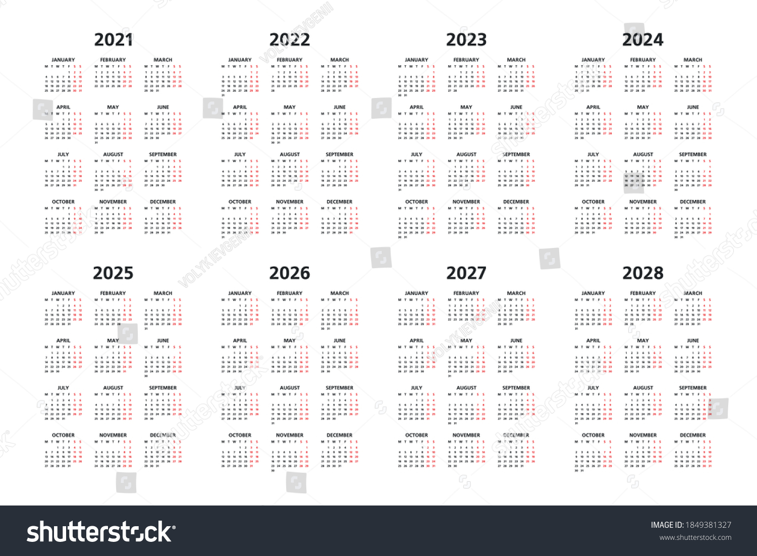 Calendar 2021, 2022, 2023, 2024, 2025, 2026, - Royalty Free Stock ...