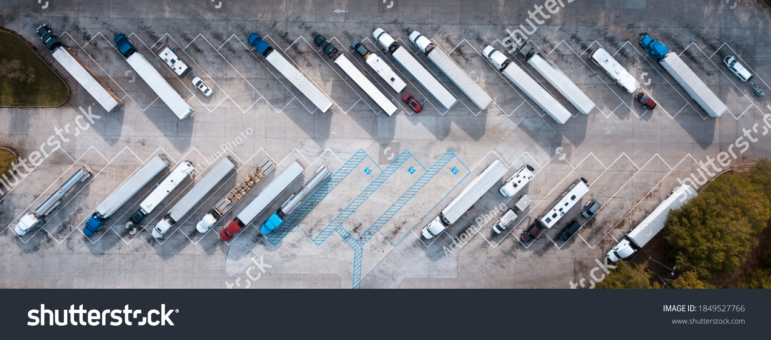 Truck stop on Rest area On the highway. Top view car parking lot. Truck Driver company. View from the bird's flight. Aerial photography. Copy space. #1849527766