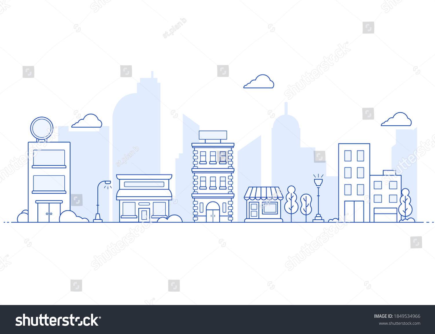 Thin line City landscape. Downtown landscape with high skyscrapers. Panorama architecture City landscape template. buildings and store, shop Isolated outline illustration.