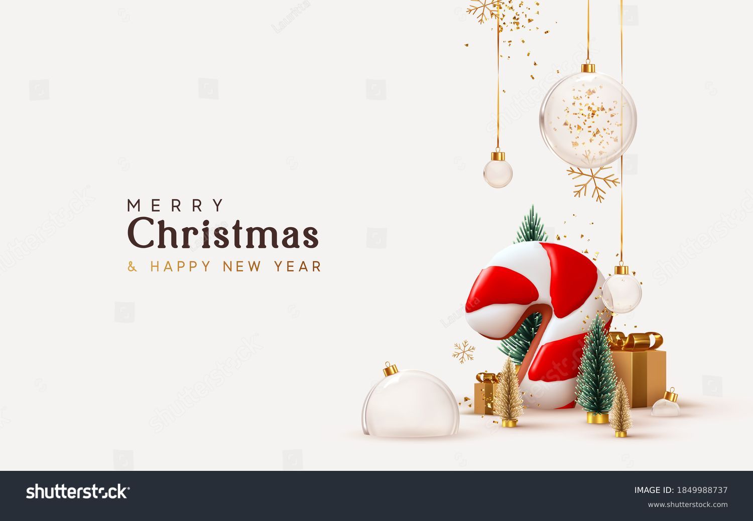Christmas and New Year background. Xmas pine fir lush tree. Candy cane from cookies, golden gifts box. Glass Balls hanging on ribbon. Bright Winter holiday composition. Greeting card, banner, poster #1849988737