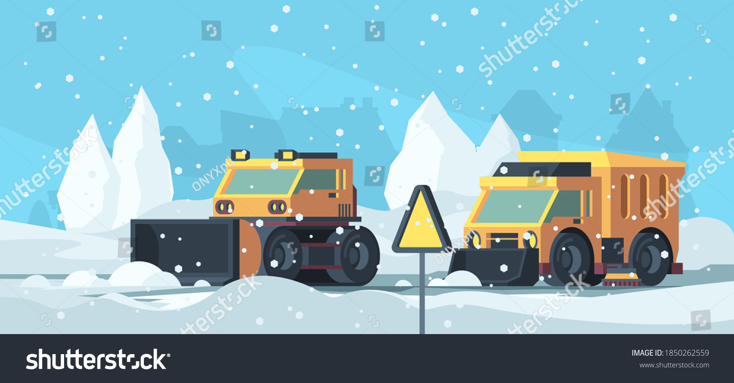 Snow removal. Heavy trucks cleaning urban road from snowstorm vector cartoon background #1850262559