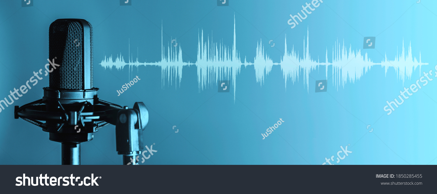 Professional microphone with waveform on blue background banner, Podcast or recording studio background #1850285455