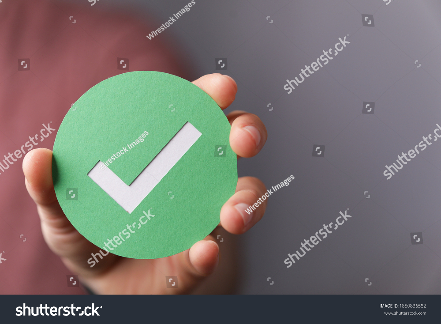 A hand holding a green paper with the checkmark sign on it #1850836582