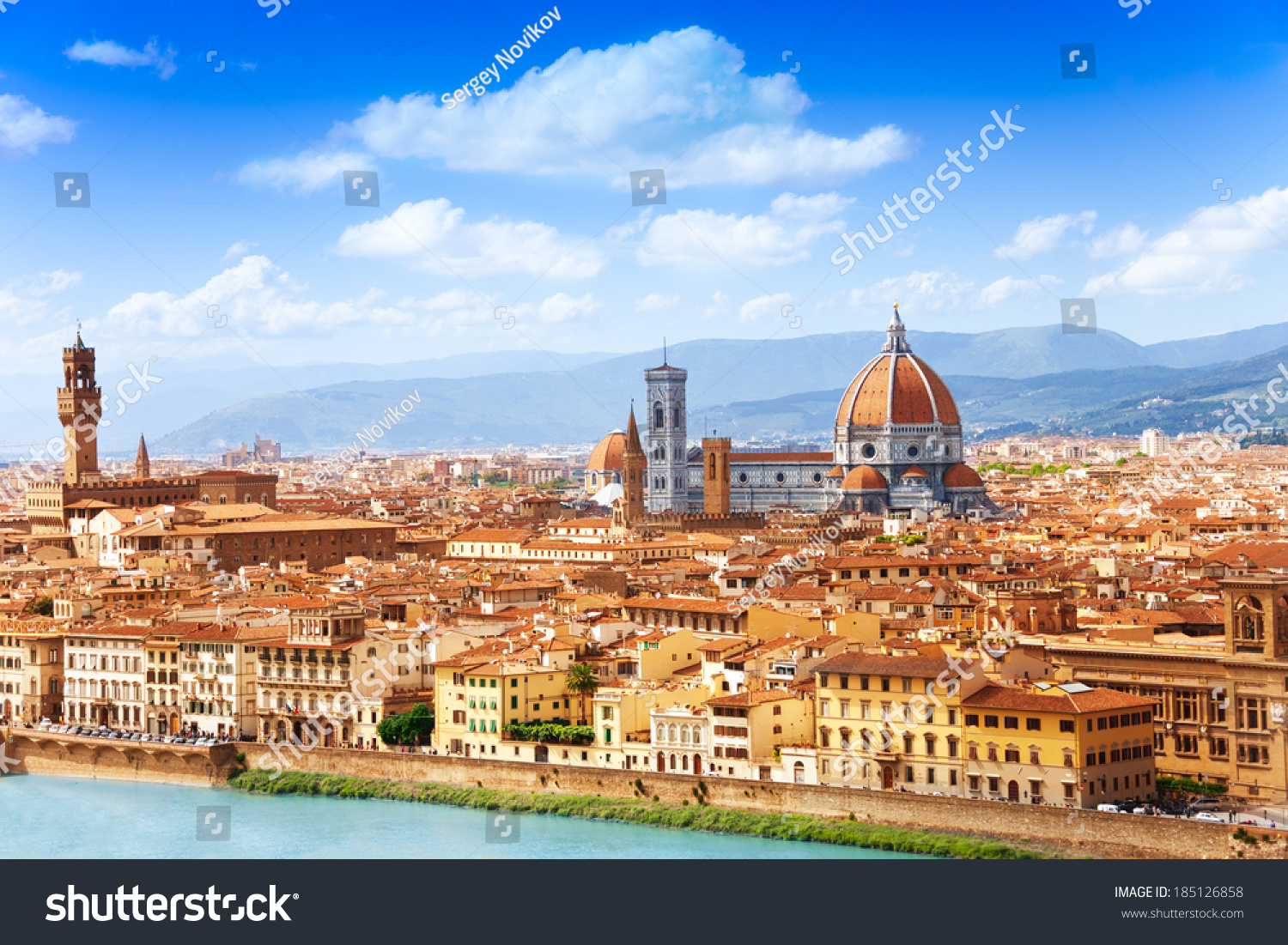 Cityscape panorama of Arno river, towers and cathedrals of Florence #185126858