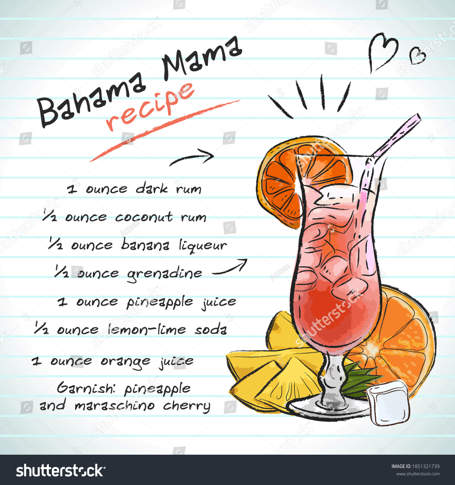 Bahama Mama cocktail, vector sketch hand drawn - Royalty Free Stock ...